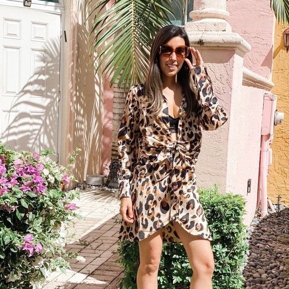 Hyfve Leopard Long Sleeve Low Cut Dress - Picture 2 of 3